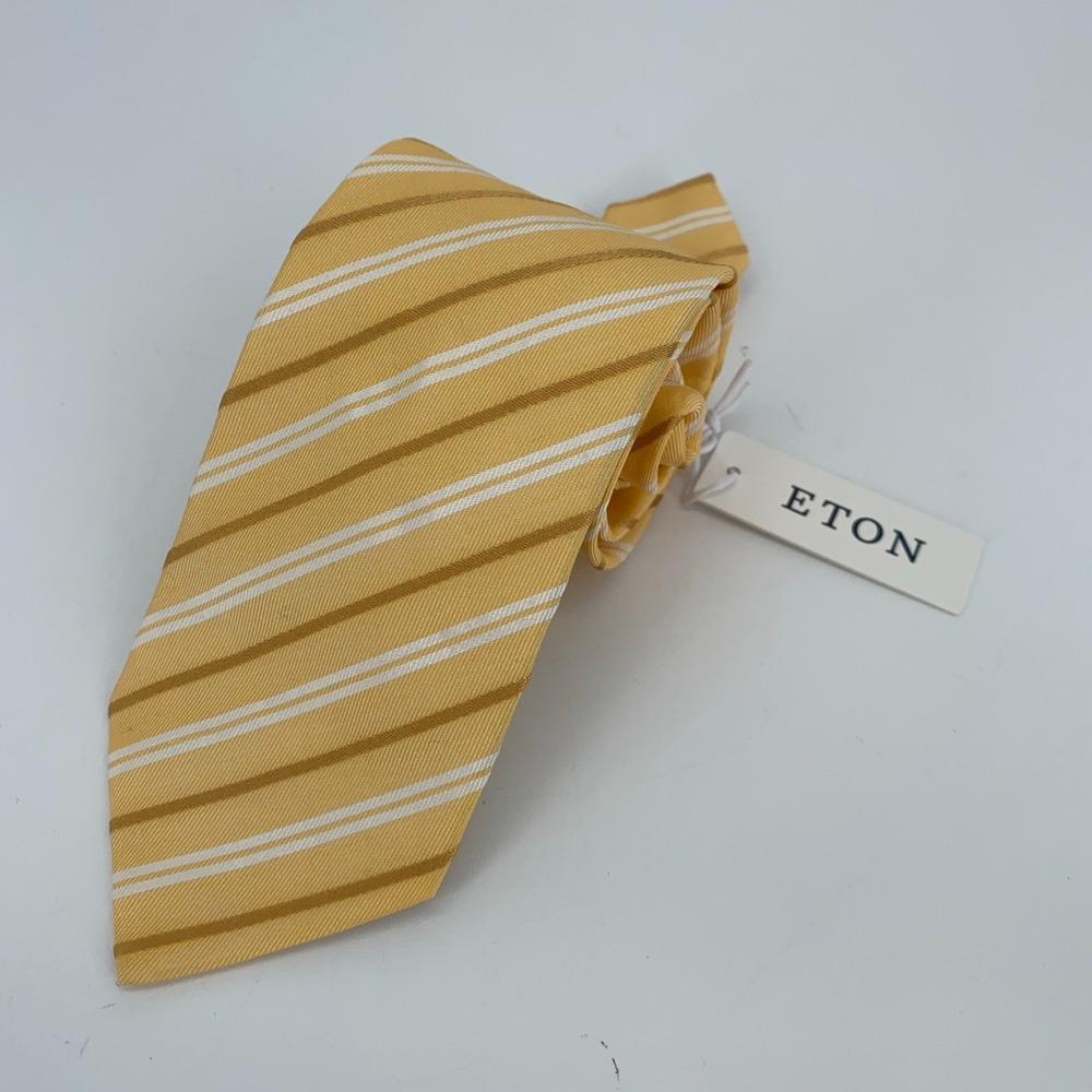 Eton Men Yellow Gold Striped Silk Cotton Blend Classic Necktie Made in Italy NWT